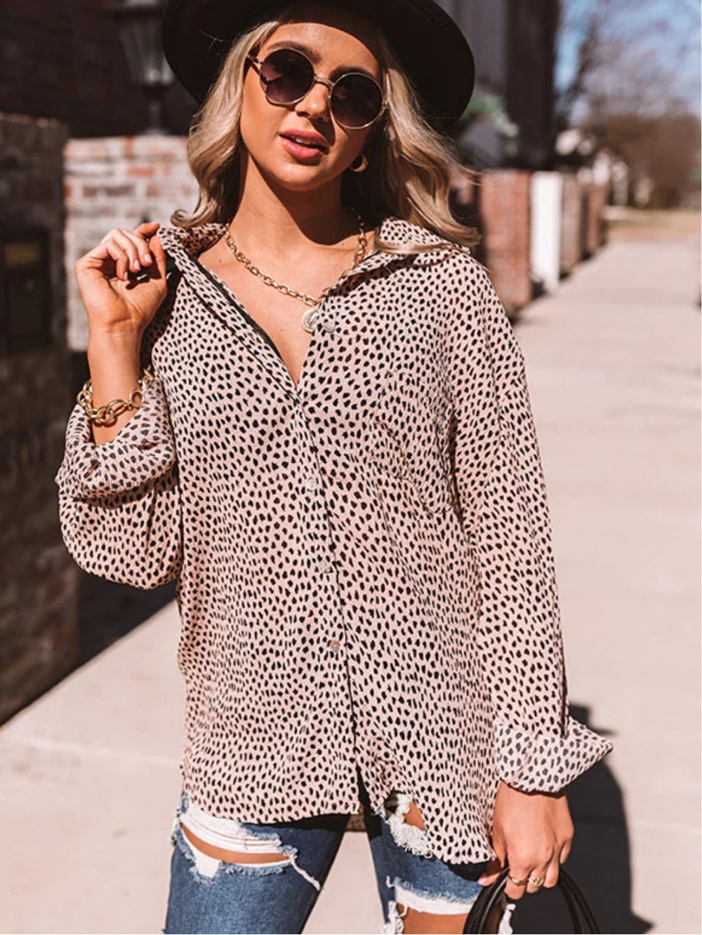 POL Leopard Print Button Front Blouse Medium Oversized Flowy Boho Top